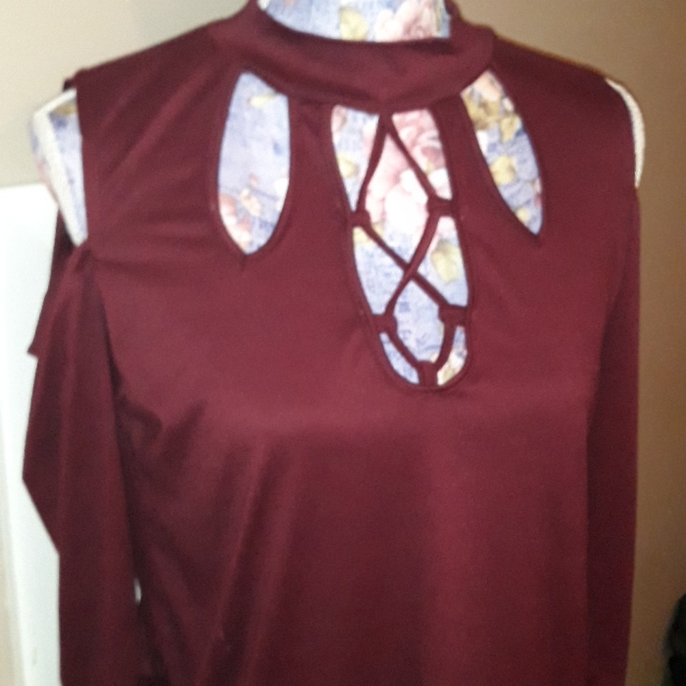 Maroon Peek a boo long sleeve with cold shoulder